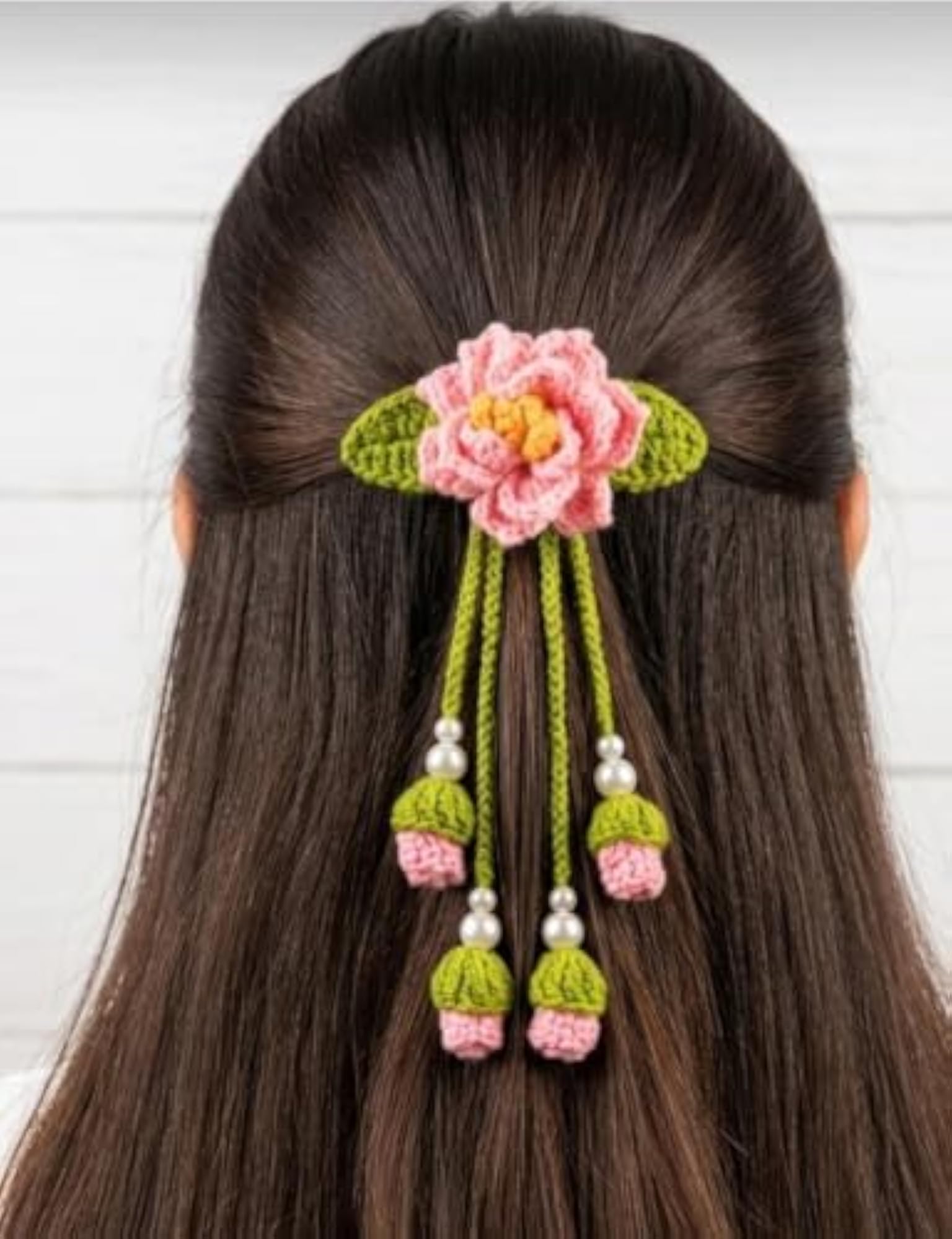 Handmade Crochet Flower Hair Clip with Pearl Beads